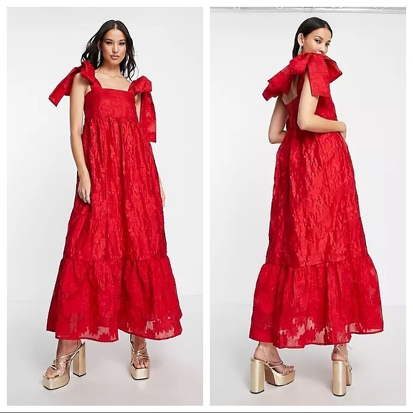Sister Jane Dresses & Skirts - Sister Jane Tiered Maxi Dress in Red Jacquard with Bow Straps, Size S